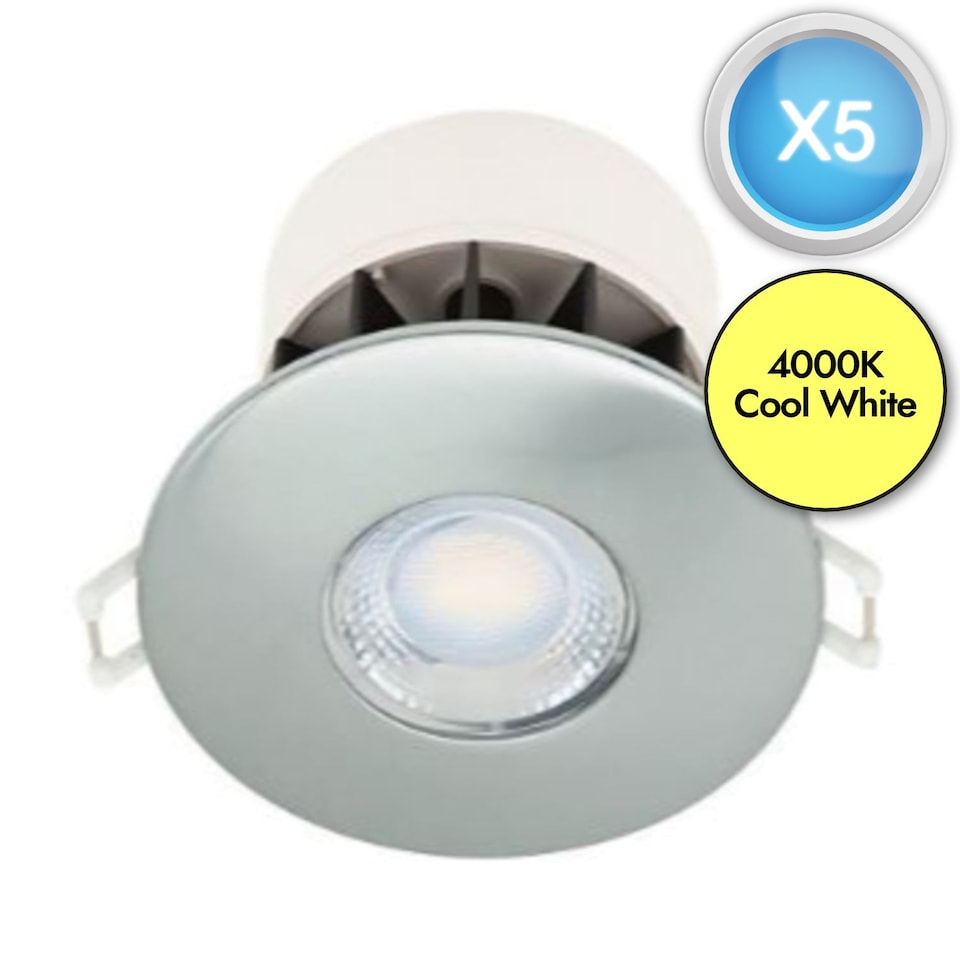 image 1 of Set of 5 Fire Rated LED Bathroom Downlights - Brushed Steel IP65 Recessed Downlights | Chrome | 5