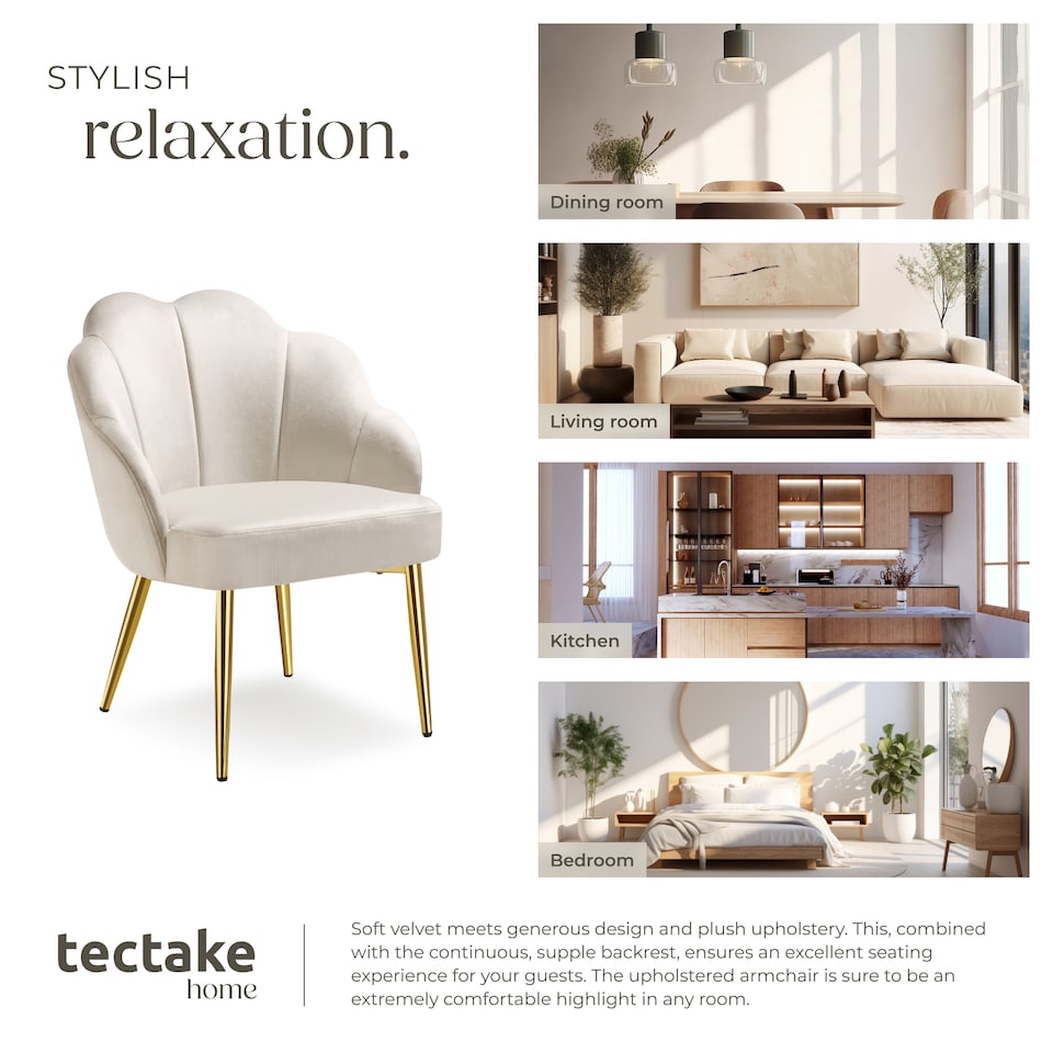 image 1 of Accent Chair Hellen - velvet cover, padded, extra-wide shell-shaped backrest | Cream | cream/gold | 2