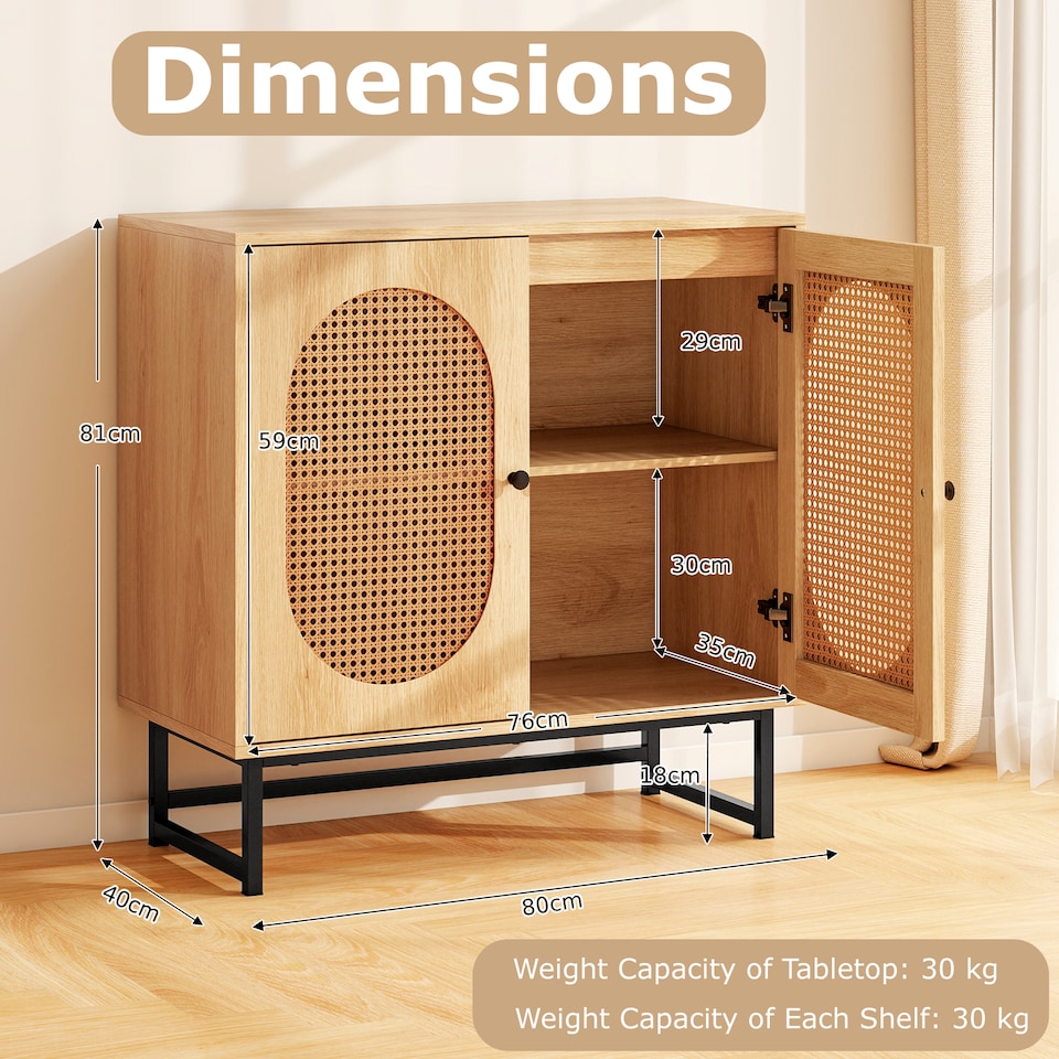 image 1 of COSTWAY Rattan Storage Cabinet 2 Door Buffet Sideboard w/Adjustable Shelf