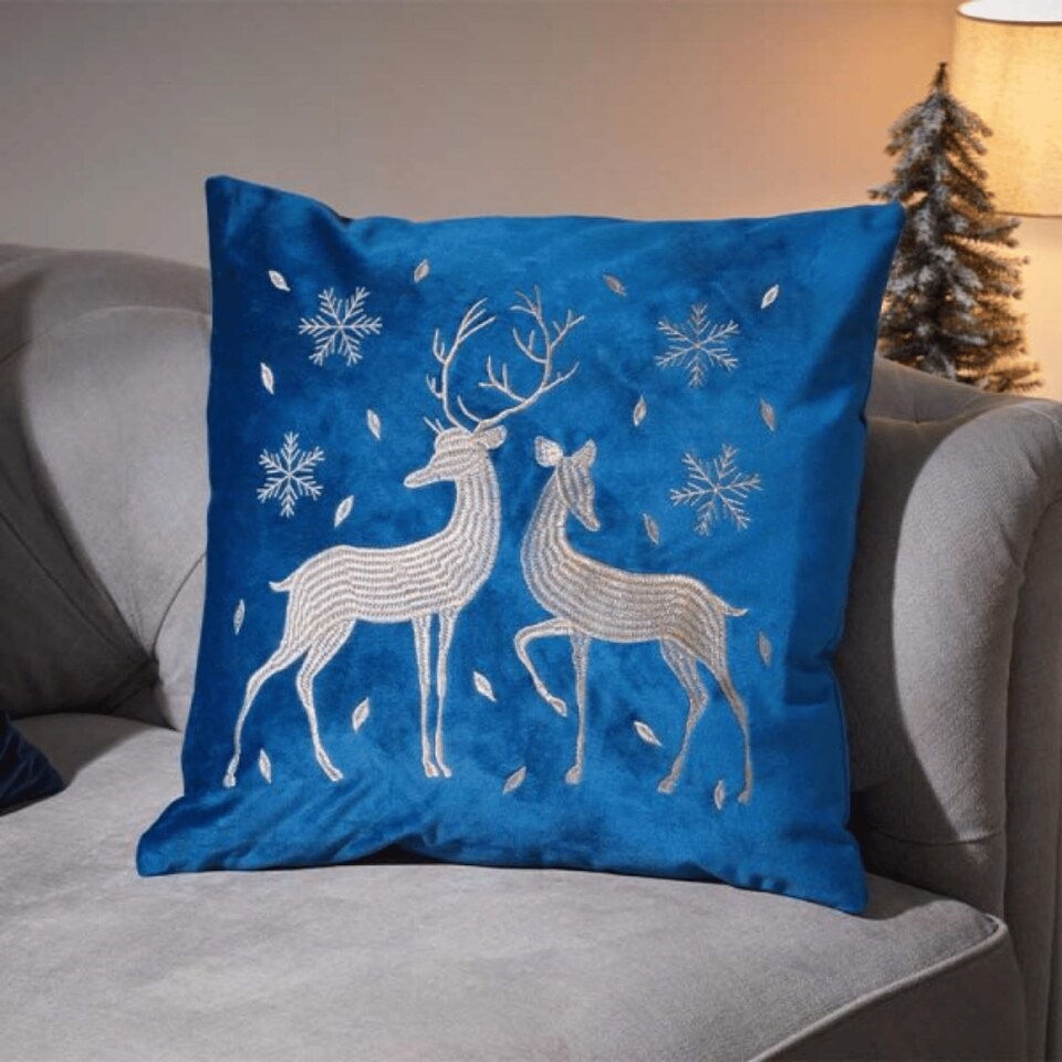 image 1 of 45 x 45cm Soft Fabric Christmas Reindeer Chair Cushion in Sapphire Blue