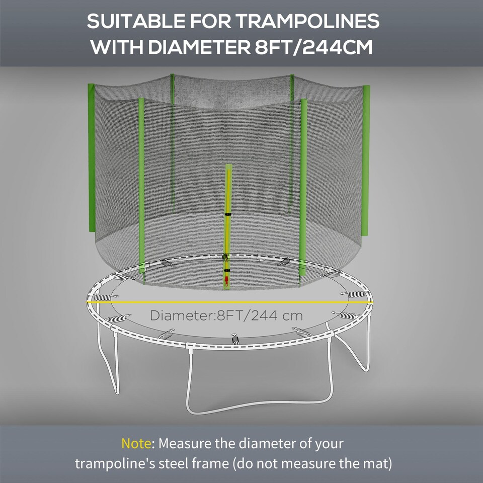 image 1 of SPORTNOW 8ft Trampoline Net Replacement with 6 Plastic Pole Covers, Weather-Resistant Trampoline Netting Replacement with Zipped Entrance, Poles Not Included