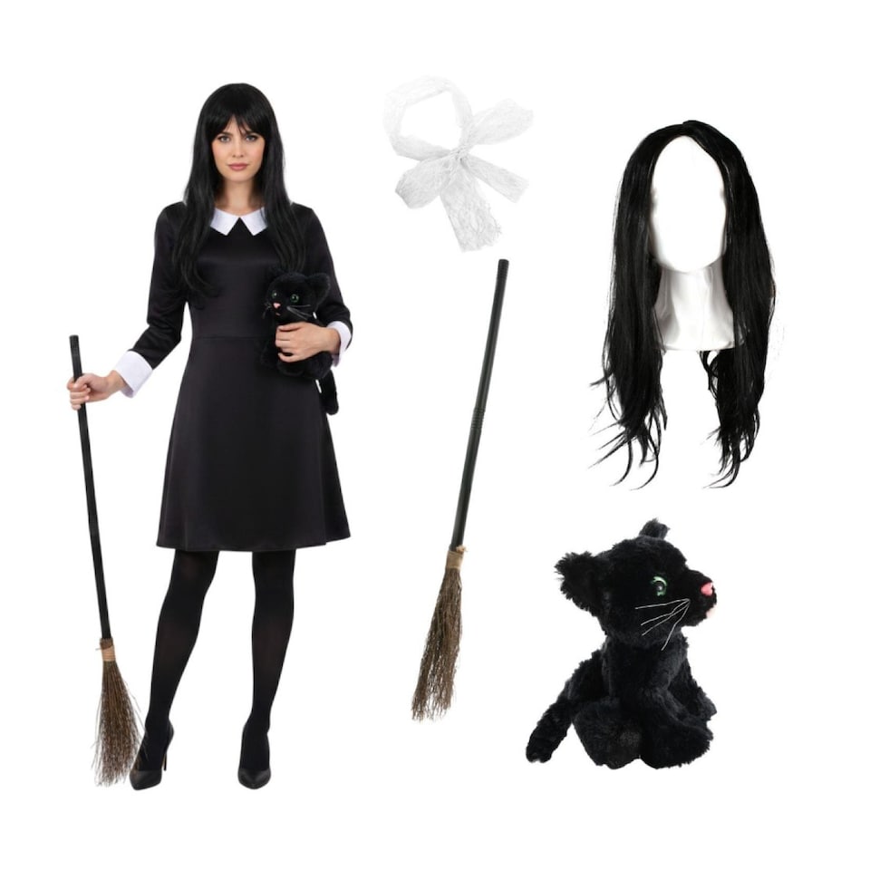 image 1 of Witch Costume - 5 Pcs - Collared Dress, Broom, Cat Toy, Wig & Hair Bow | Black | 2XL