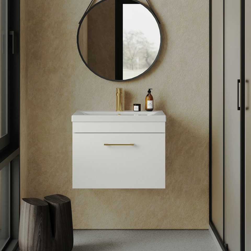 image 1 of Rio 1 Drawer Wall Hung Vanity Basin Unit - 600mm - Gloss White with Brushed Brass D Handle (Tap Not Included) White