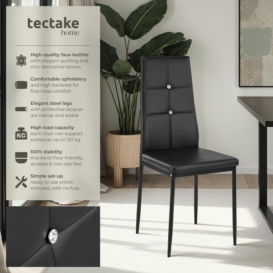 image 1 of Dining Chair Set - high backrest, slim steel legs & rhinestone highlights - Set of 4 Black