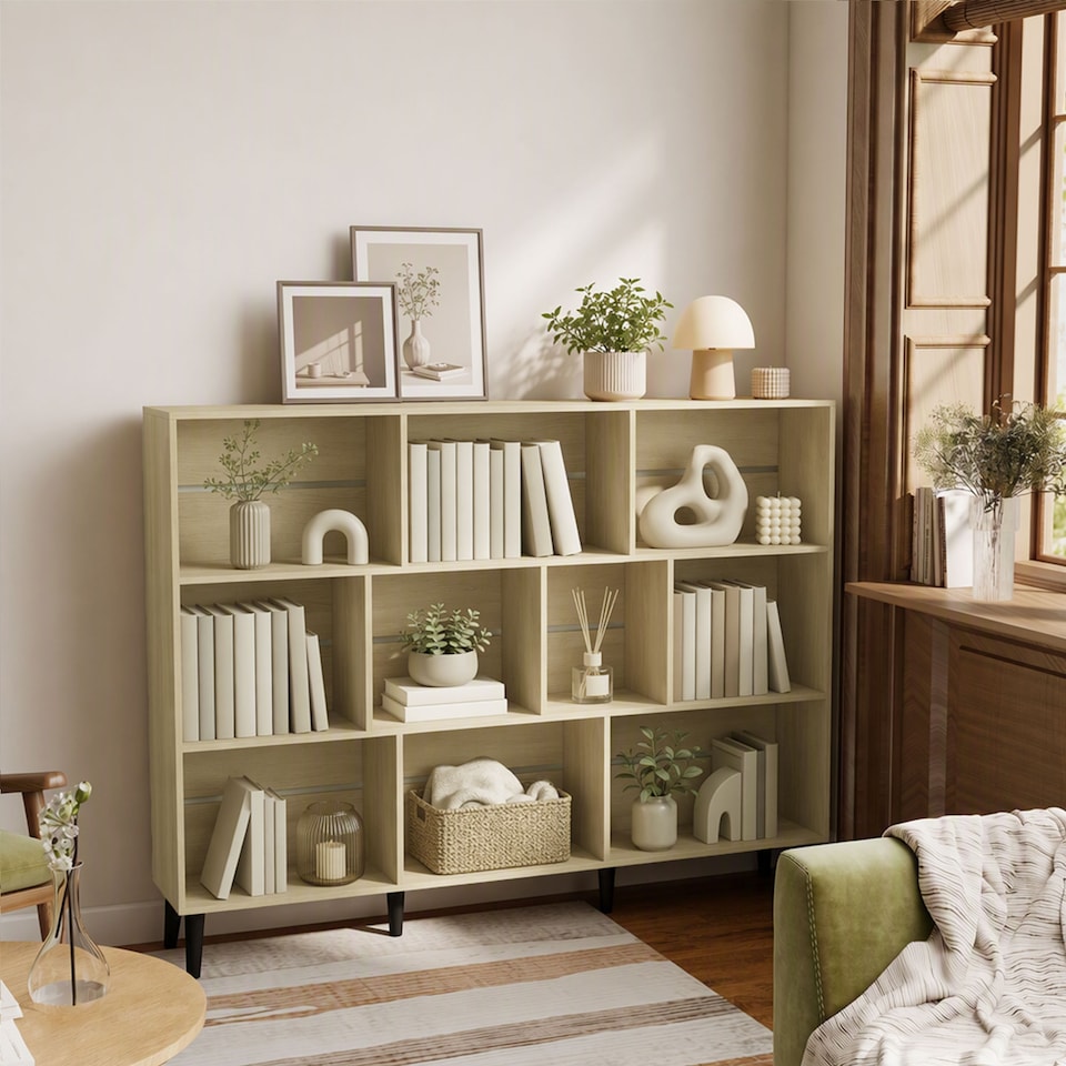image 1 of HOMCOM 3-Tier Bookshelf with 10 Cubbies, Book Shelf with Wood Legs