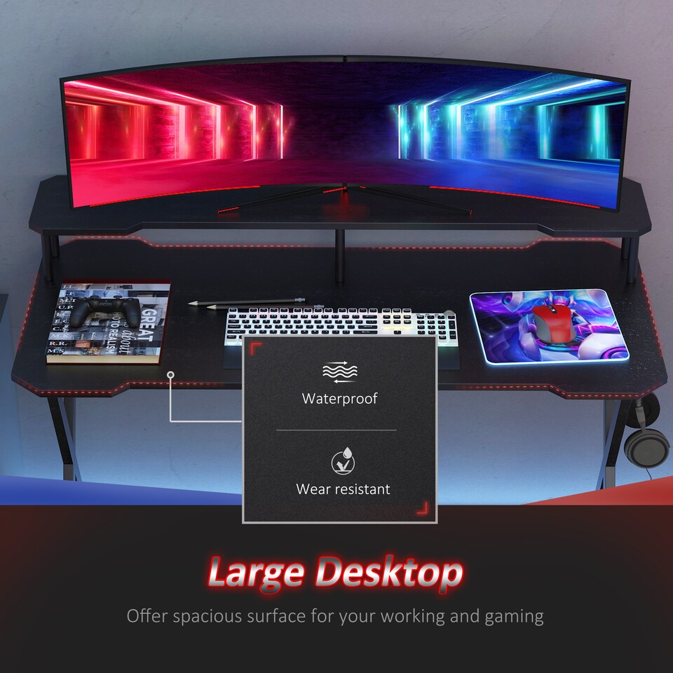 image 1 of HOMCOM Gaming Desk Writing Racing Computer Table Workstation with Headphone Hook Curved Front Adjustable Feet for Home Office Use 140 x 60cm