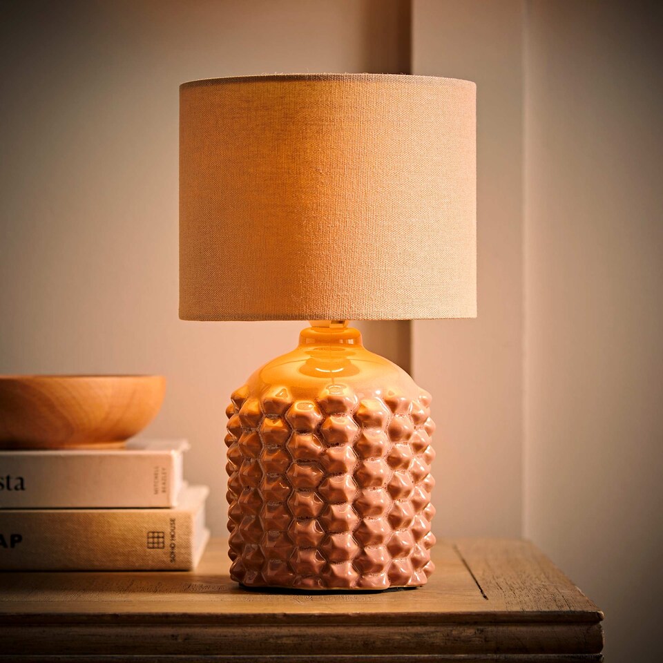 image 1 of ValueLights Asha Pair of Ceramic Tan Geometric Table Lamps Shades & Bulbs | Pink