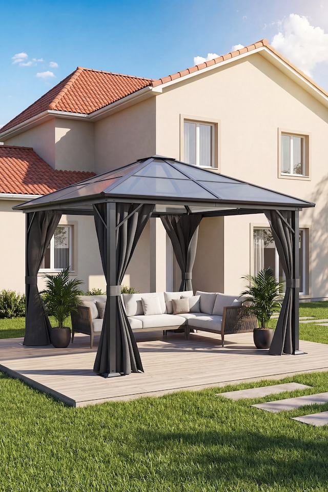 image 1 of Living and 10 x 10FT Home Outdoor Gazebos Metal Frame Hardtop Patio Gazebo with Curtains