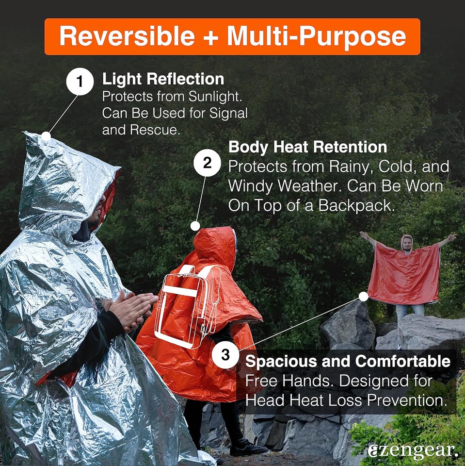image 1 of aZengear Emergency Survival Poncho (4pc) Thermal Mylar Foil Coating Blanket for Heat Retention, Rain, Waterproof Outdoor Kit