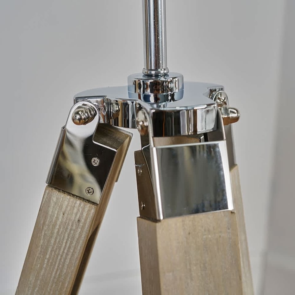 image 1 of ValueLights Modern Distressed Wood And Silver Chrome Tripod Floor Lamp Base | Brown