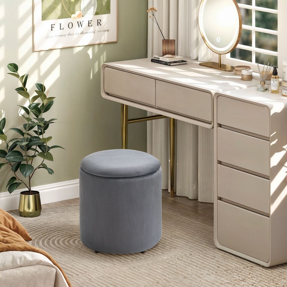 image 1 of HOMCOM Set of 2 Round Ottoman with Storage, Fabric Vanity Stool for Makeup, Footrest Stool with Removable Lid for Living Room & Bedroom, Light Grey | Grey