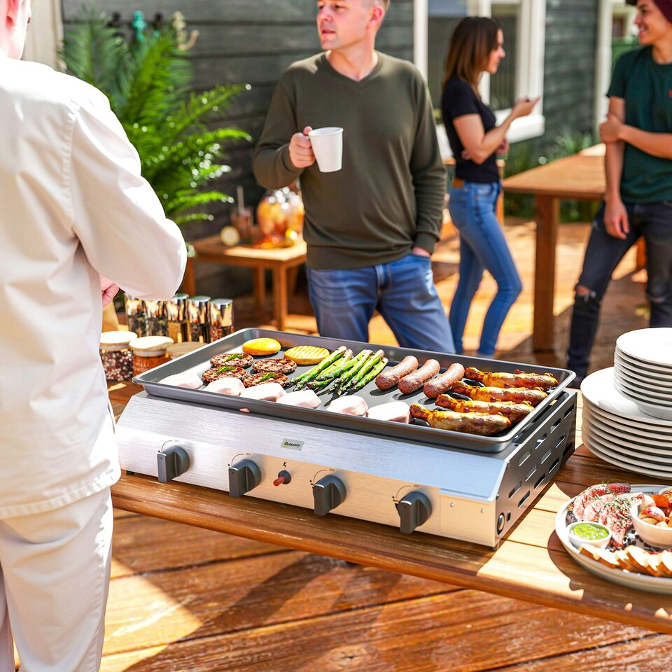 image 1 of Outsunny Gas Grill, Gas BBQ with Non-Stick Griddle for Camping, Silver Tone