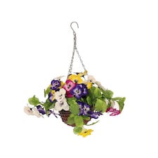 Oypla Artificial Garden Hanging Wicker Basket with Multicoloured Pansy Flowers