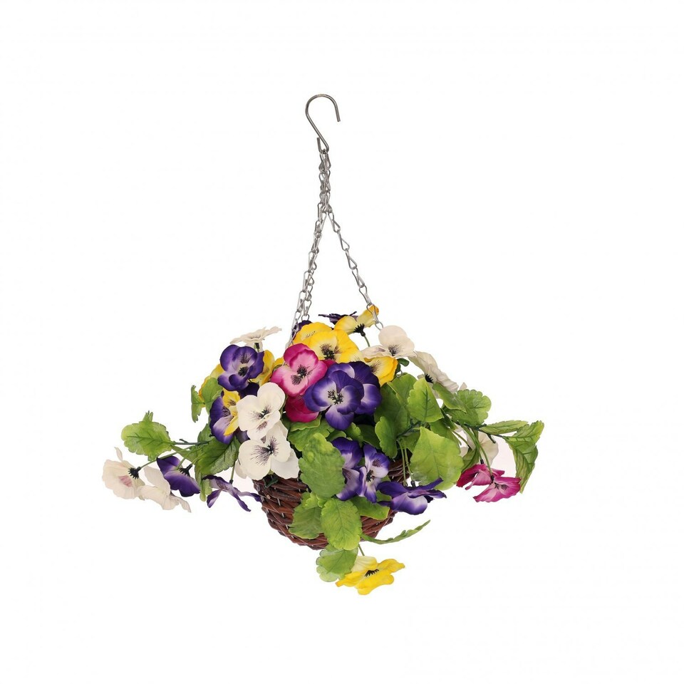 image 1 of Oypla Artificial Garden Hanging Wicker Basket with Multicoloured Pansy Flowers