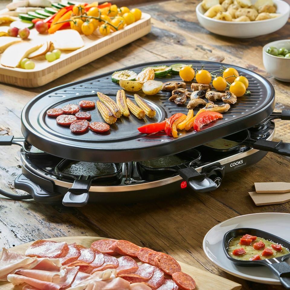 image 1 of Cooks Professional Electric Raclette Grill with Metal Plate Fondue Pans & Spatulas for Group Dining