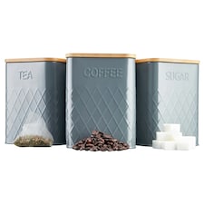 Cooks Professional Kitchen Storage Set | 3-Piece Square with Bamboo Lids | Tea Coffee Sugar | Grey