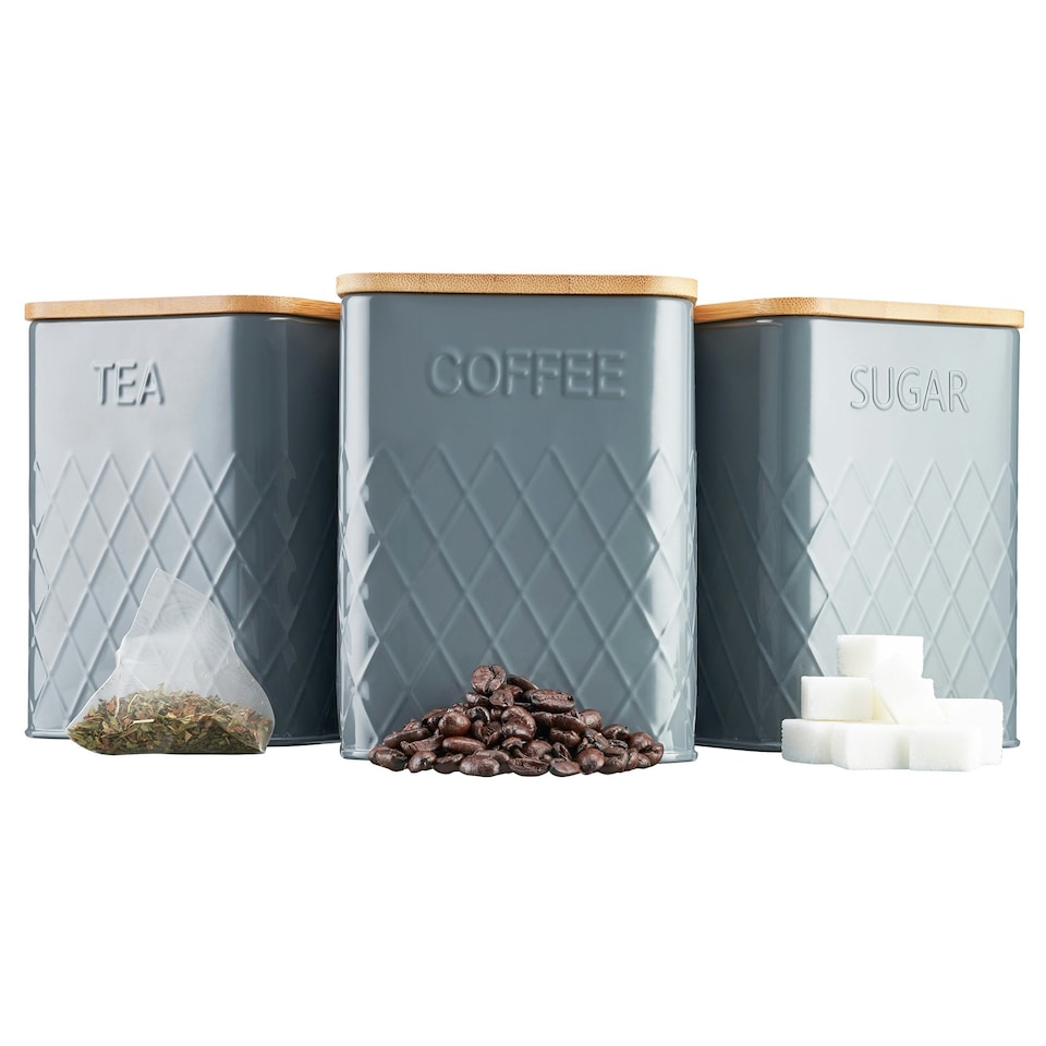 image 1 of Cooks Professional Kitchen Storage Set | 3-Piece Square with Bamboo Lids | Tea Coffee Sugar | Grey