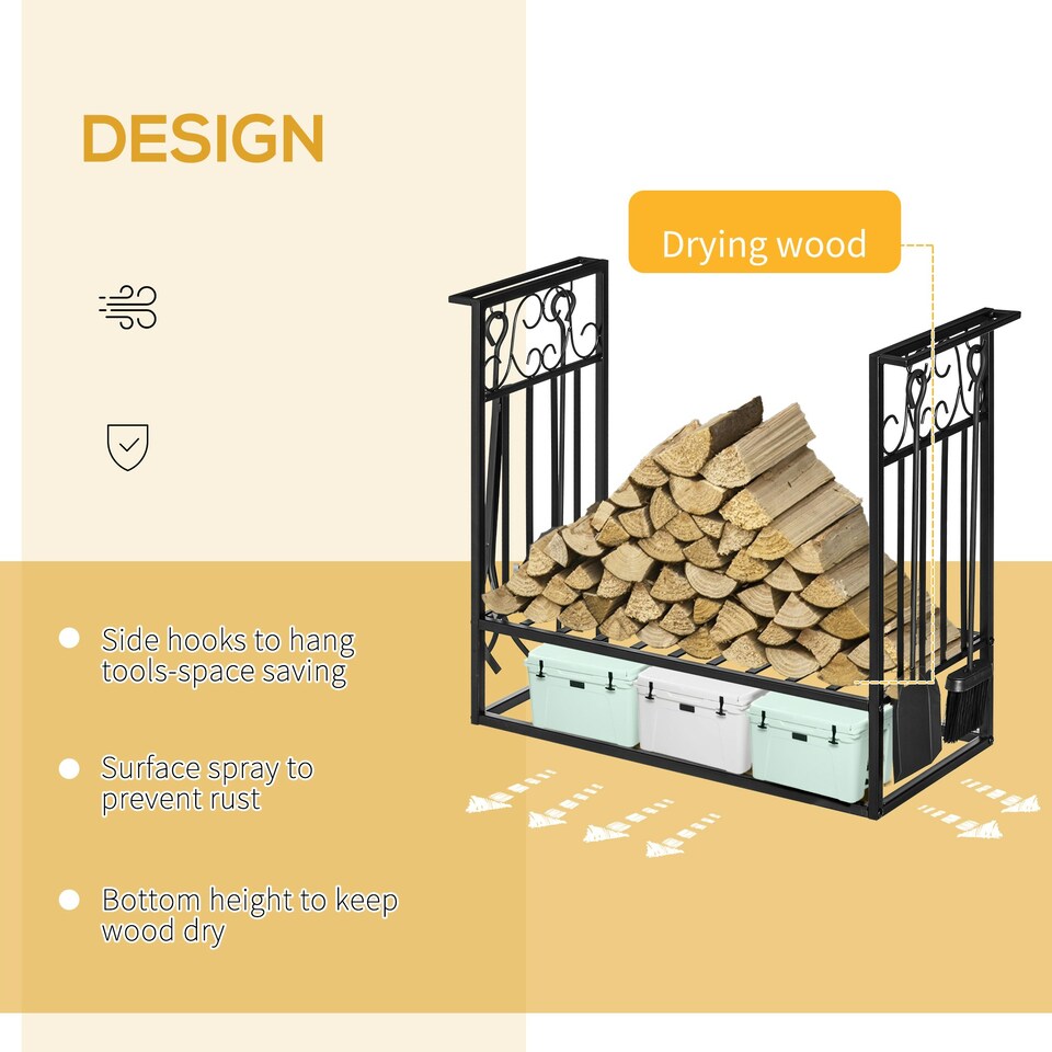 image 1 of HOMCOM Vintage Style Powder Coated Steel Firewood Log Rack Holder w/ Tools Black