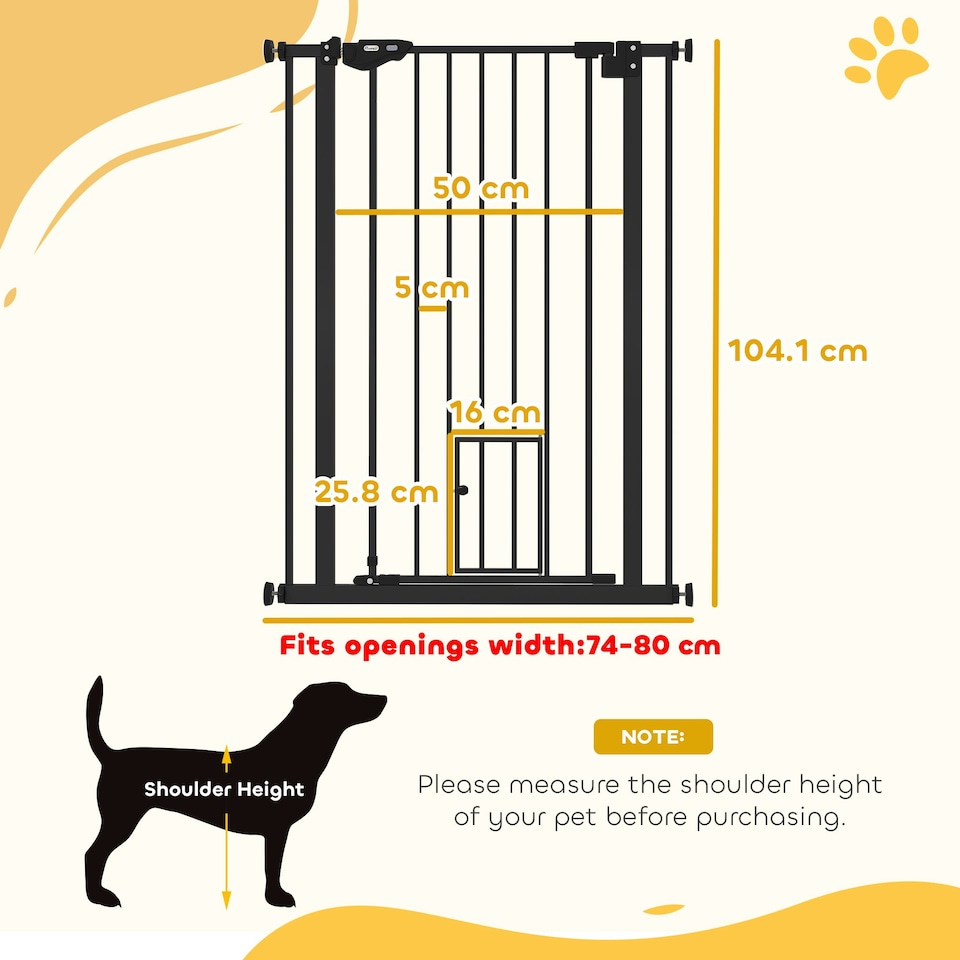 image 1 of PawHut Extra Tall Dog Gate with Cat Door Auto Close for Stairs 74-80 cm Wide