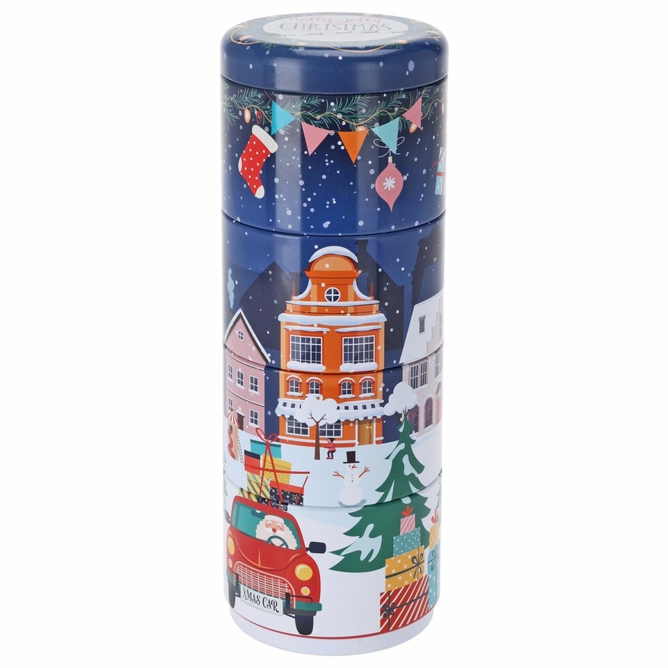 image 1 of Christmas Metal Storage Mini Tins Set Nesting Stacking Containers Festive Design | Multi | Blue