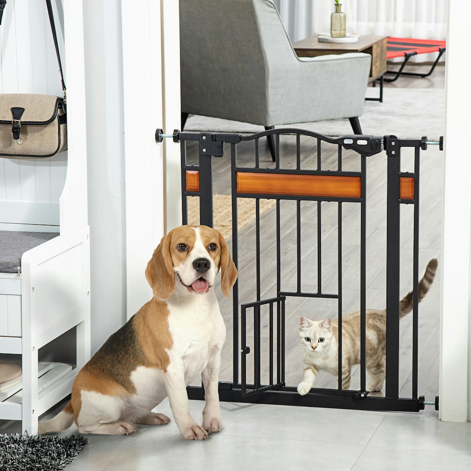 image 1 of PawHut Dog Gate Pet Safety Gate W/ Cat Door Auto Close Pine Decor 74-80 cm Wide