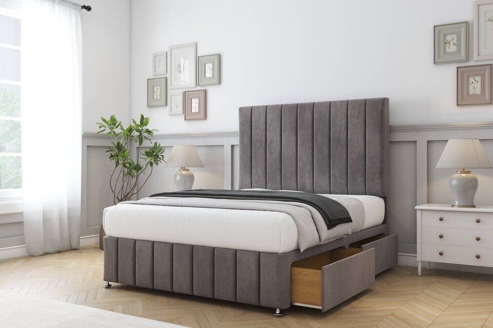 image 1 of Sloomy California Slate Naples Divan Bed With Mattress 2 Drawers Footend With 54" Floor Standing Headboard & 12" Matching Footboard 4' Small Double | Grey | Slate | Small Double | 1