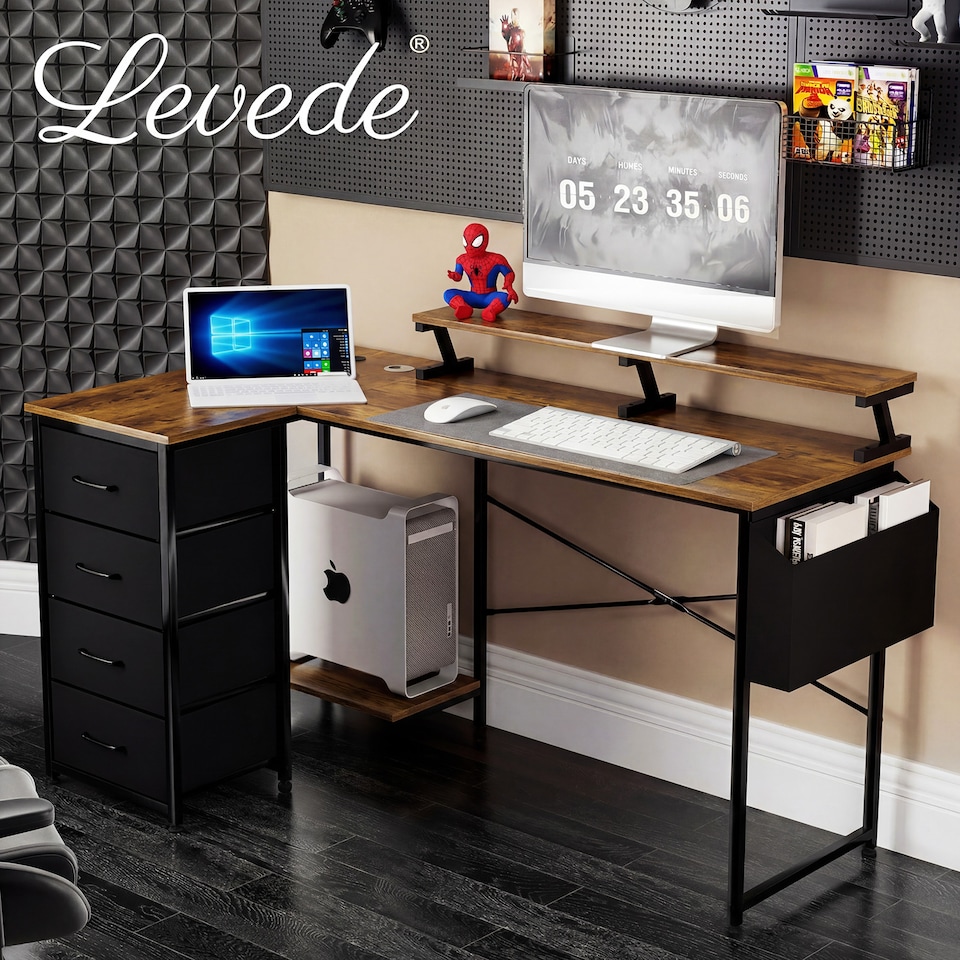 image 1 of Levede Gaming Desk L Shaped with USB Charging Port Power Outlet Walnut Color