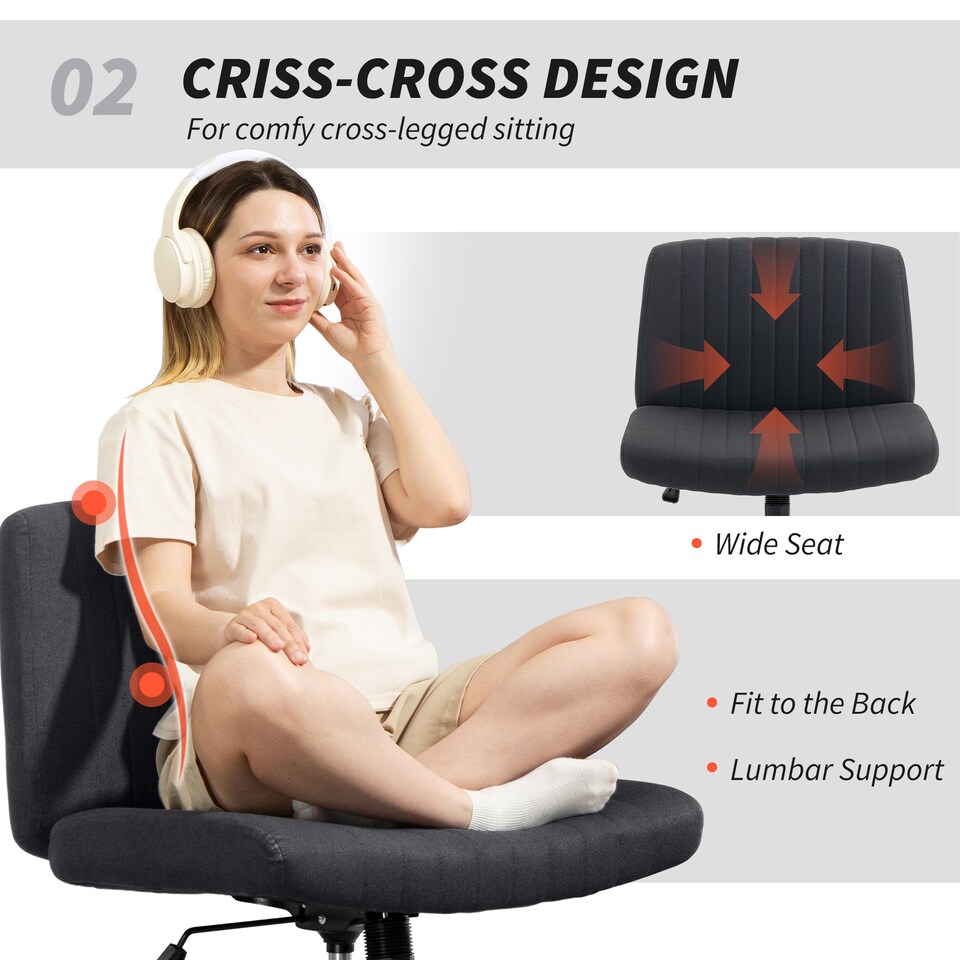 image 1 of HOMCOM Linen Criss Cross Legged Office Chair with Rock Function, Black