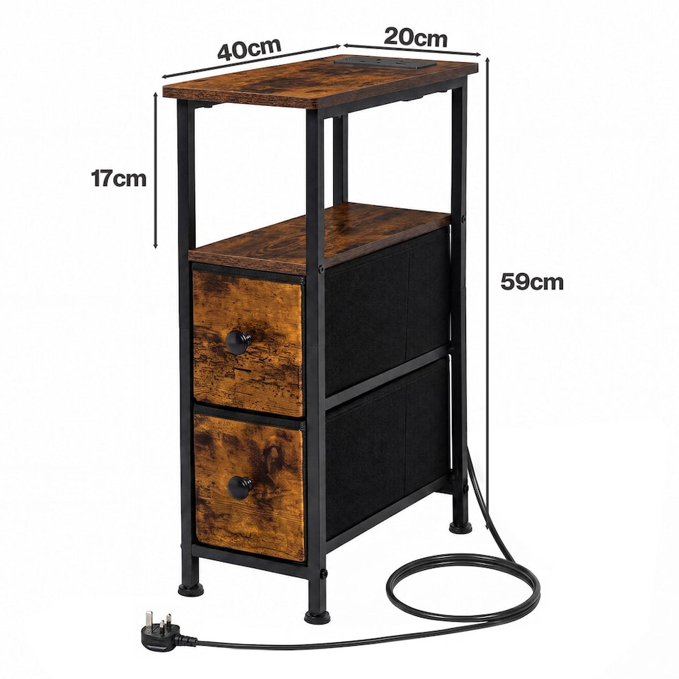 image 1 of Levede Bedside Table Narrow Side Table with LED Charging Station Storage Brown