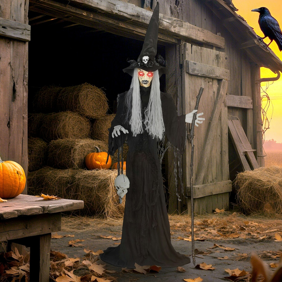image 1 of Outsunny Voice Activated Halloween Animatronics Standing Witch, Black