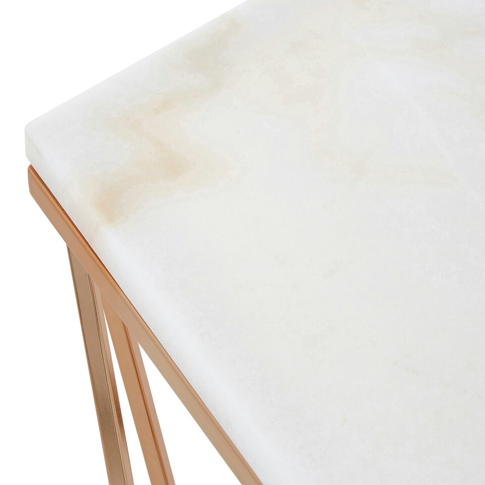 image 1 of Champagne Finish End Table With Rose Gold Legs,White Marble Top Side Table,Modern Prismatic Bedside Table