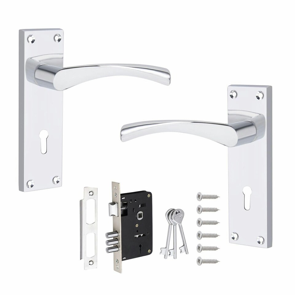 image 1 of Golden Grace Victorian Scroll Astrid Door Handles Lever Lock in Silver Polished Chrome with 64mm 3 Lever Lock Set - 150mm x 40mm Backplate Chrome