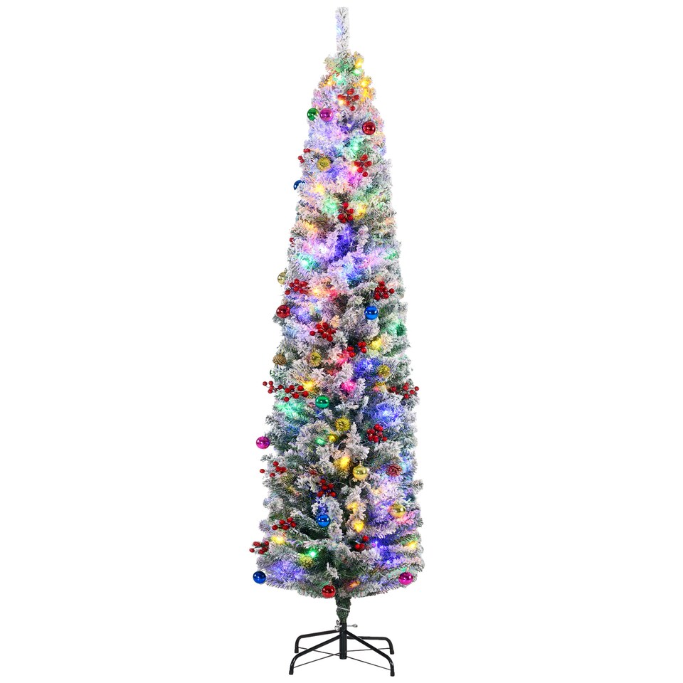image 1 of HOMCOM 7ft Pre Lit Artificial Christmas Tree Holiday Decor with 250 Colourful LED Lights and 592 Snow Flocked Tips, Pine Cone, Berry, Ball Tree Decoration