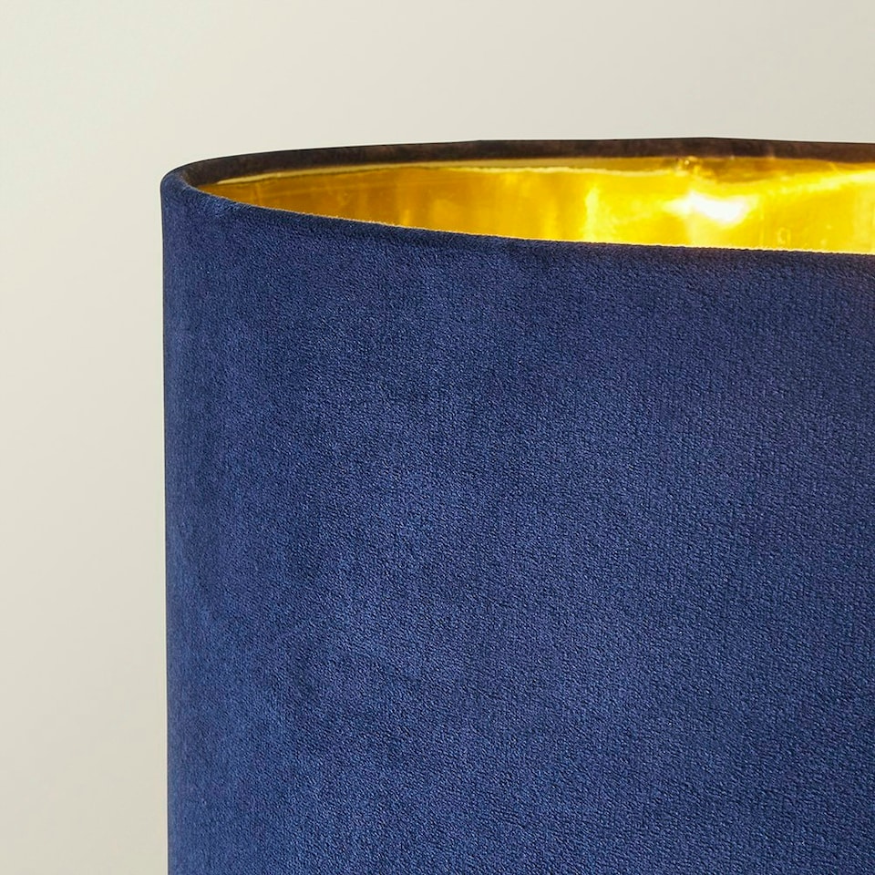 image 1 of ValueLights Christina Navy Blue Velvet with Gold Inner Drum Shade Gold Palm Leaf Floor Lamp Gold