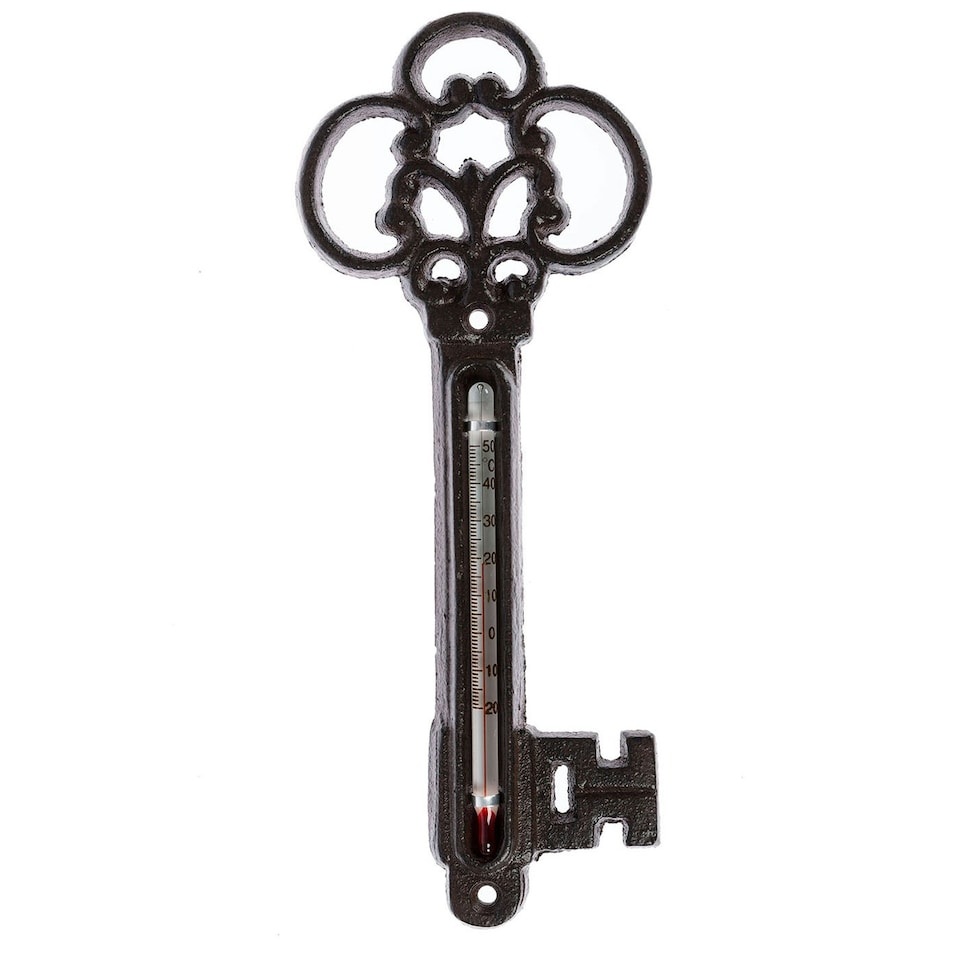 image 1 of Homescapes Brown Wall Mounted Cast Iron Decorative Key Thermometer