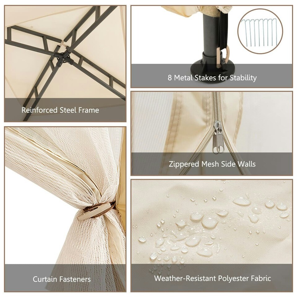 image 1 of COSTWAY Outdoor 3m x 3m Gazebo Tent Camping Canopy Beige