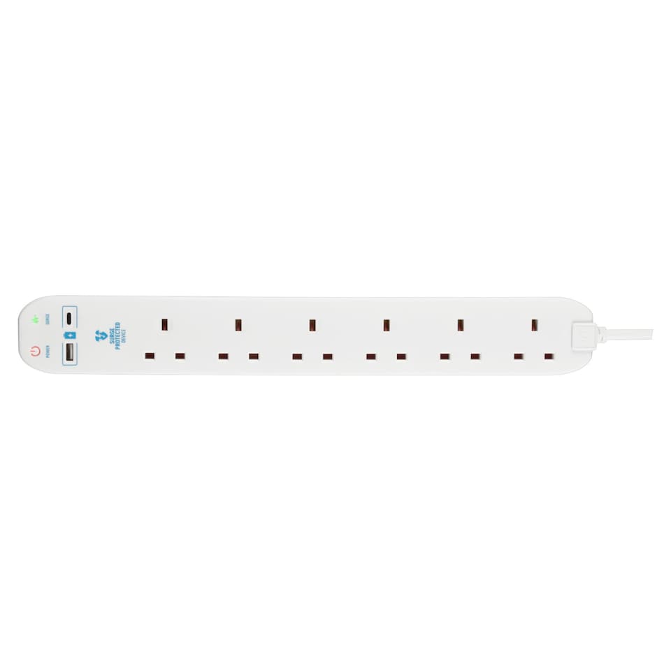 image 1 of Masterplug 6 Socket 2 Metre Surge Protected Extension Lead with USB A and C Ports 13A Power Strip White