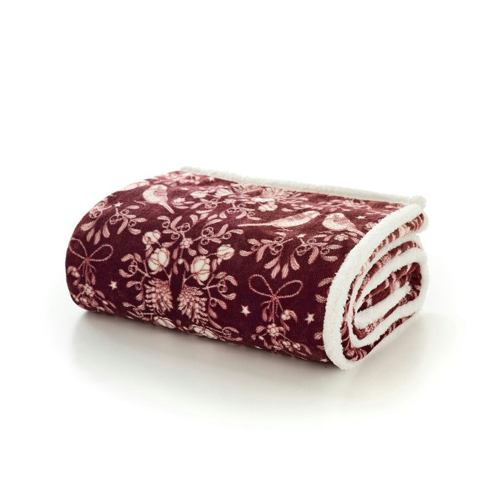 image 1 of Winter Birds Burgundy Seasonal Flannel Throw with Sherpa Lining – 140x180cm Red | Burgundy