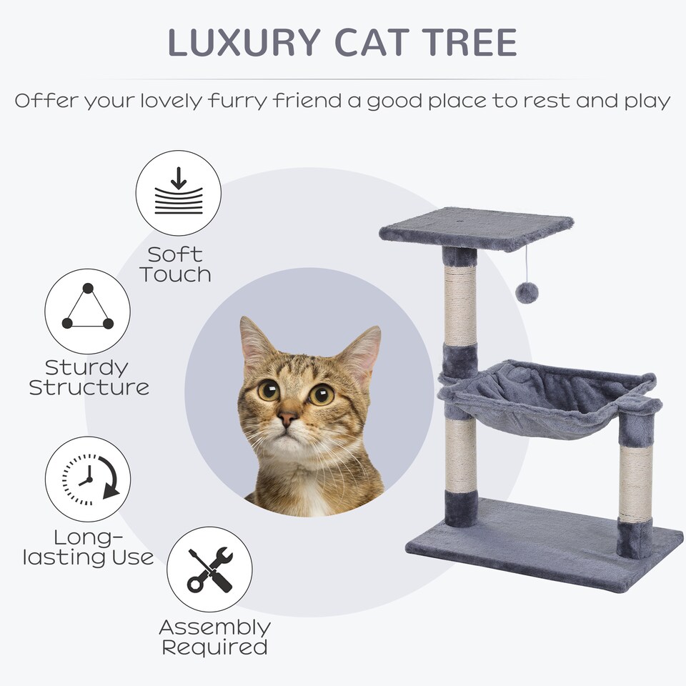 image 1 of PawHut Cat Tree Scratch Post with Bed Hammock Sisal for Indoor Cats