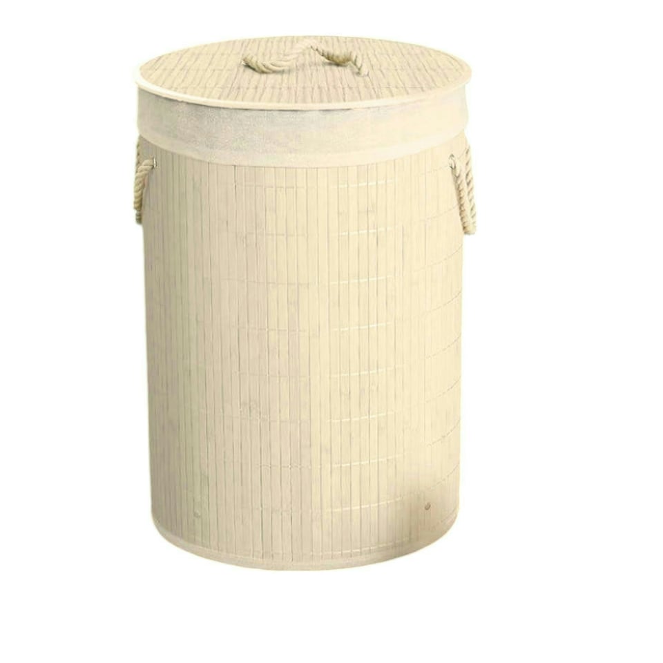 image 1 of Round Bamboo White Laundry Hamper | White