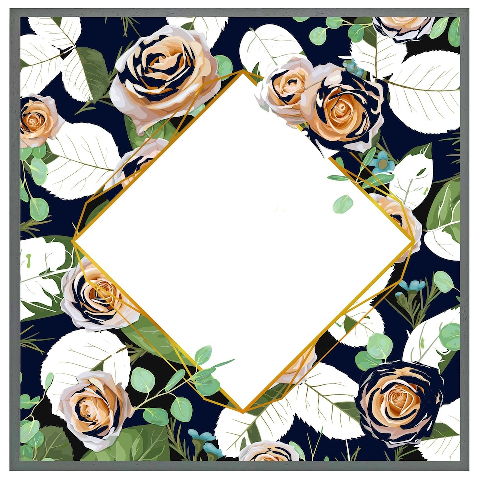 image 1 of Decorative flowers on navy background (Picture Frame) White | XL