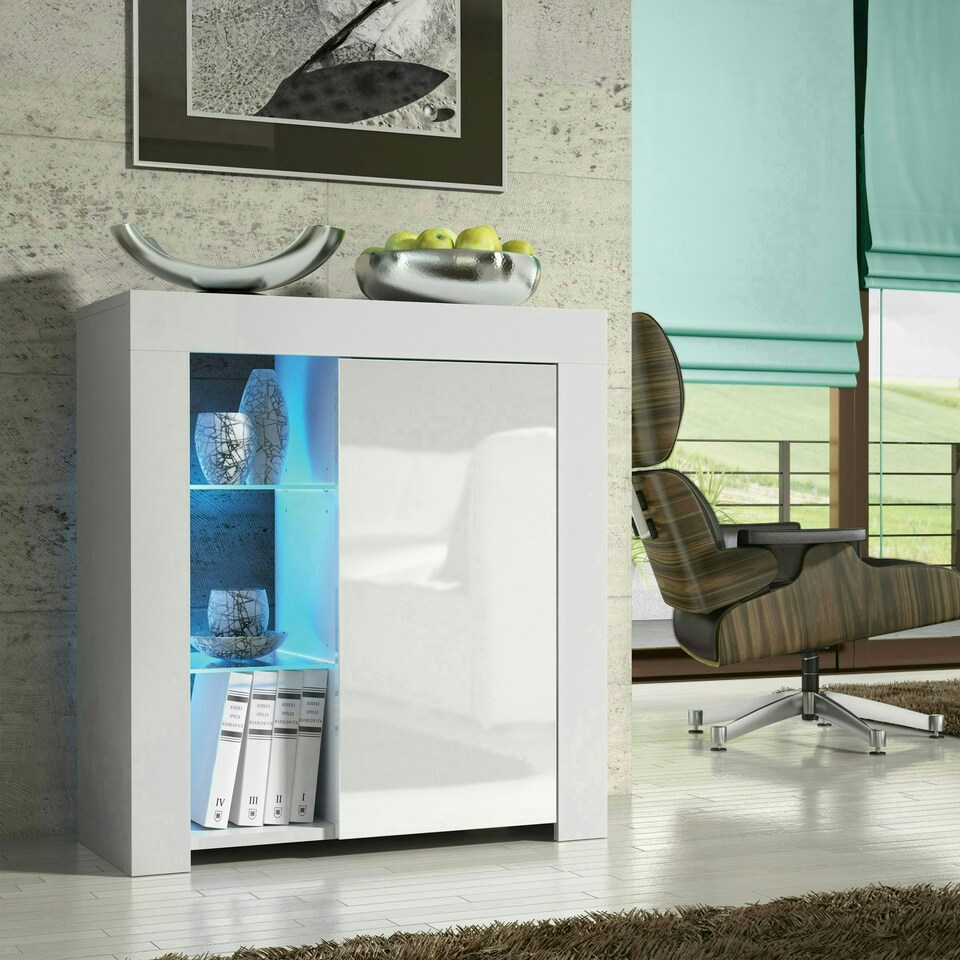 image 1 of Sideboard 75cm White Gloss Door White Matt Body Glass Shelves Free LED White