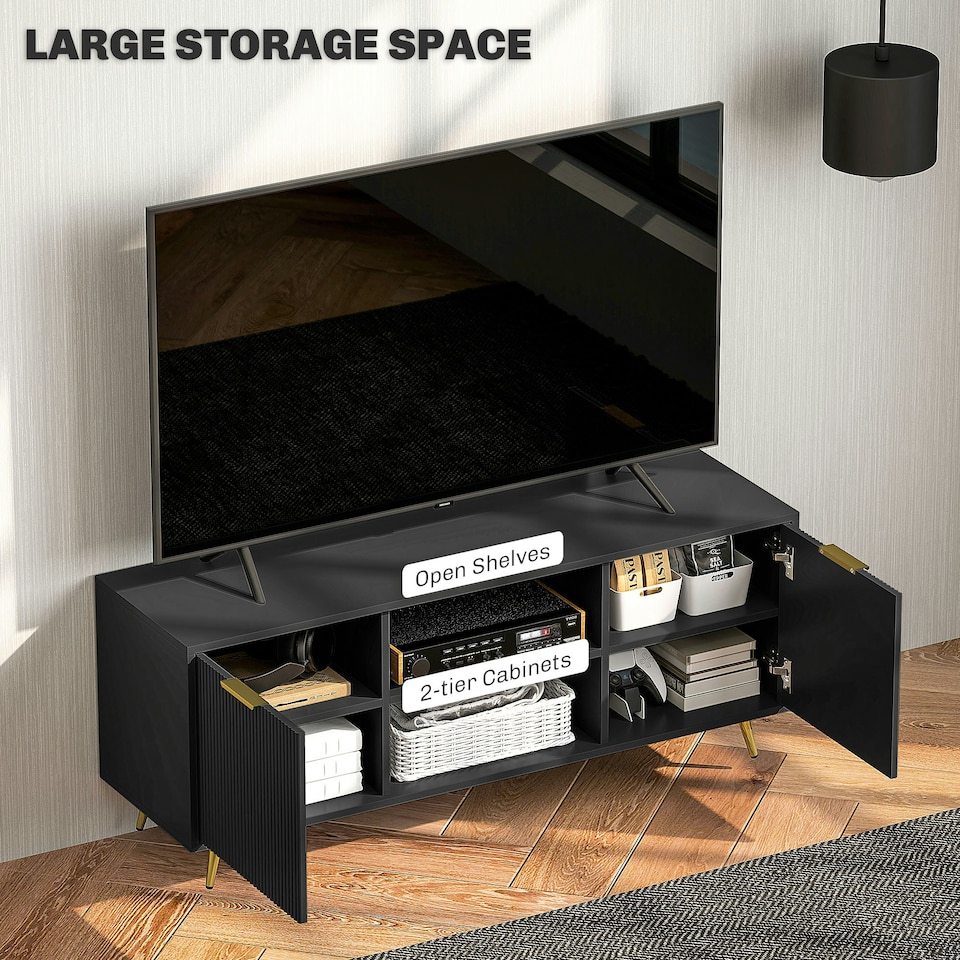image 1 of HOMCOM Modern TV Stand Cabinet with Storage for Living Room, Black