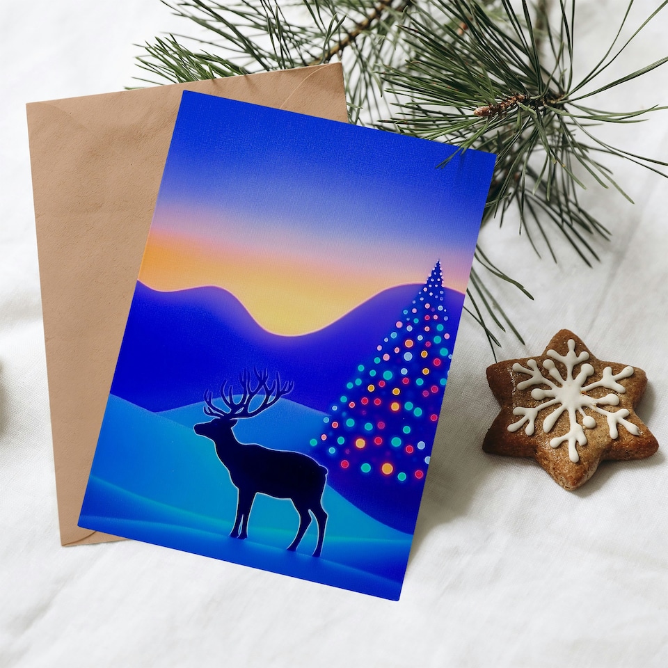 image 1 of Greeting Card Colourful Lights Tree Reindeer Winter Wonderland Blank For Him Or Her Art Xmas Christmas Card