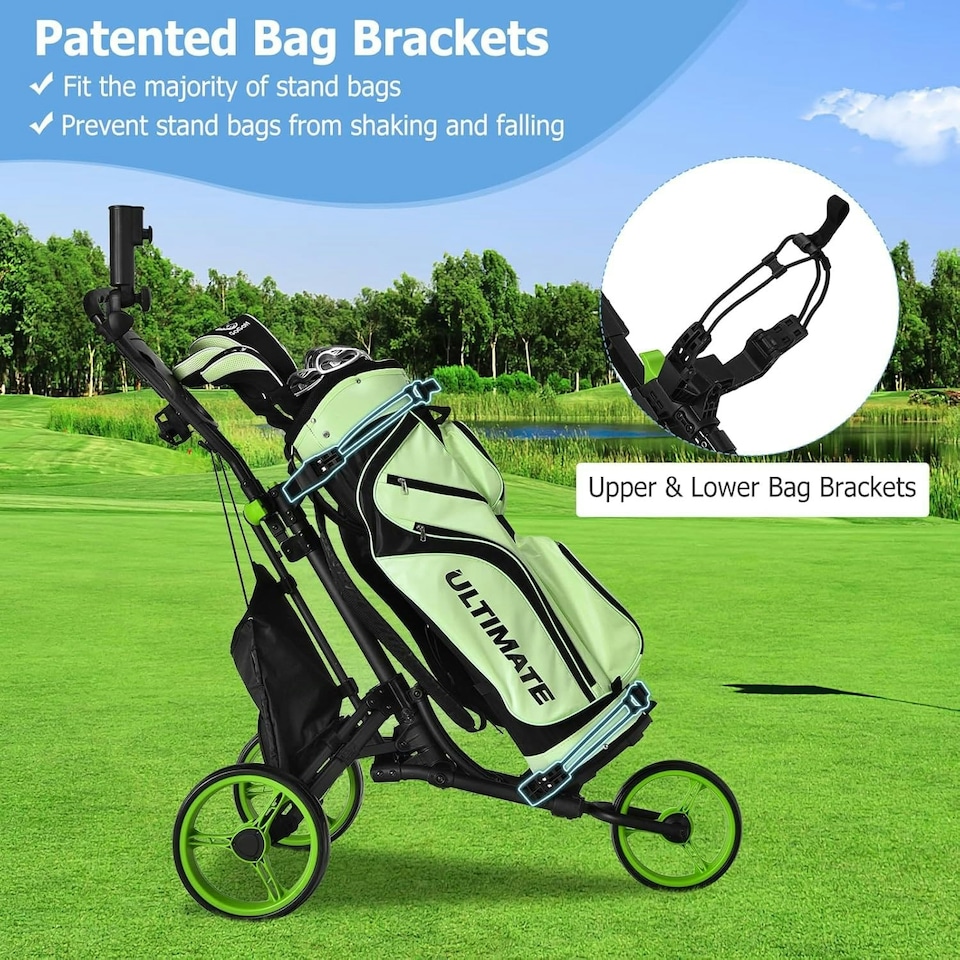 image 1 of COSTWAY 3 Wheel Golf Push Cart Folding Golf Holder Green