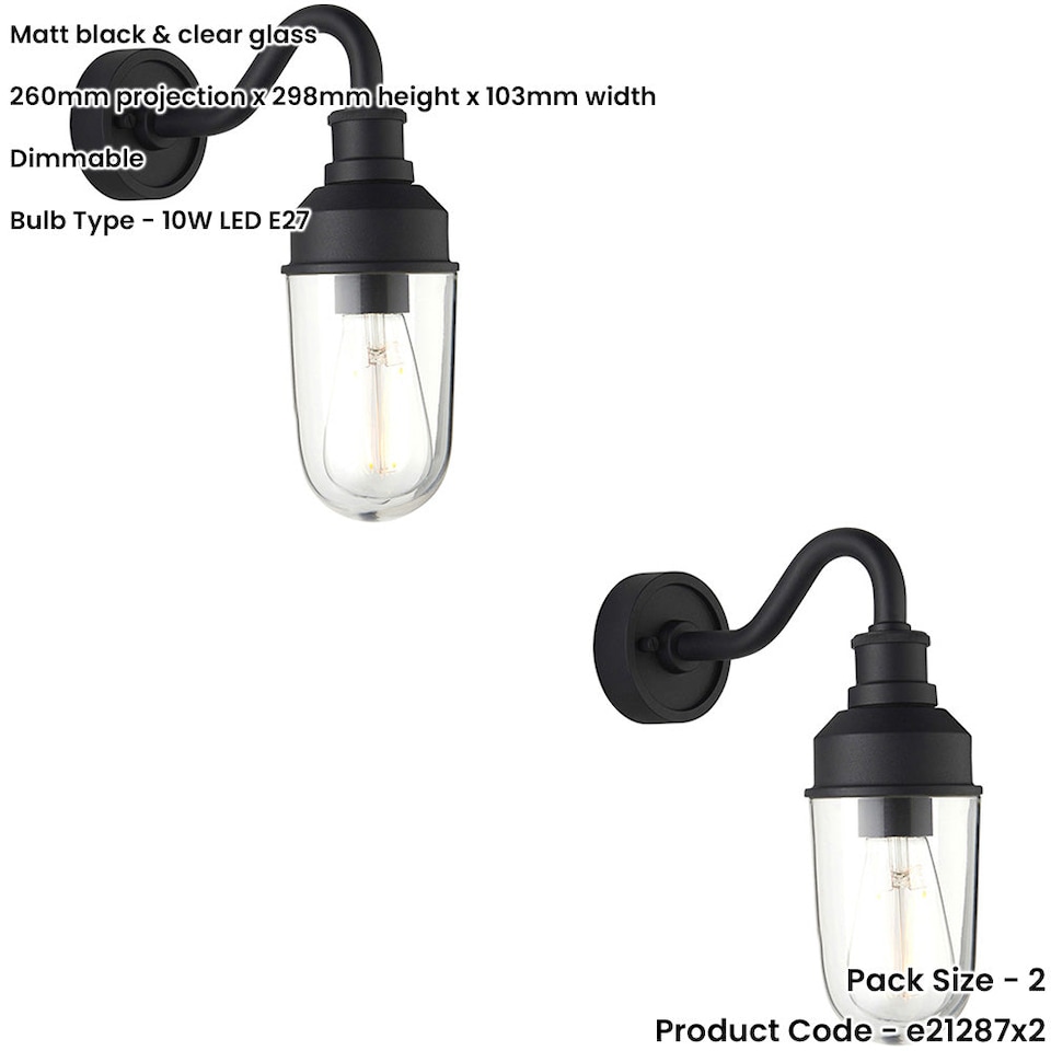 image 1 of 2 PACK IP44 Outdoor Wall Light - Textured Black Curved Arm Clear Glass Shade - Garage Porch Lamp