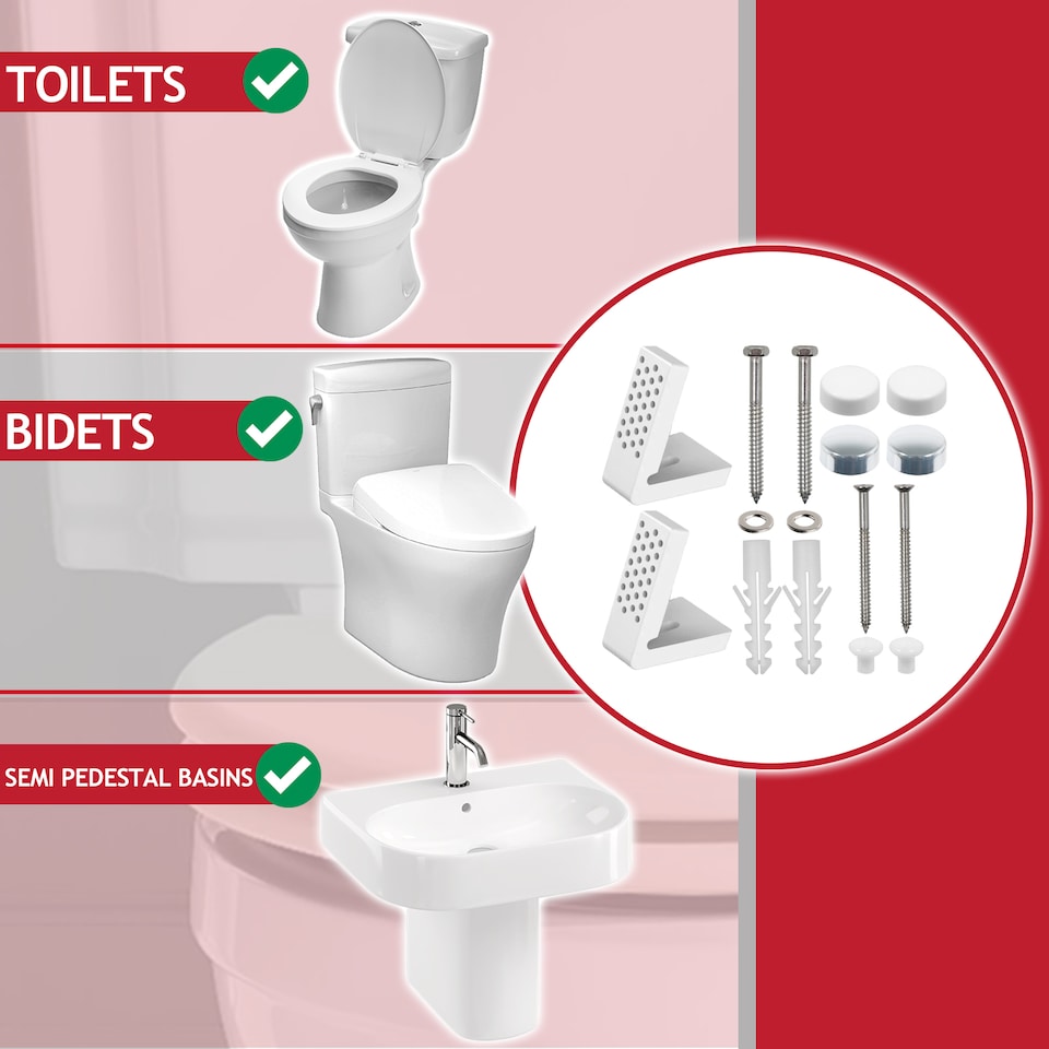 image 1 of SPARES2GO Toilet Pan Fixing Kit Angled Floor WC Bidet Basin Bathroom Bracket Set (White and Chrome Silver Cap Covers)