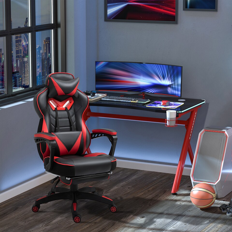 image 1 of Vinsetto Computer Gaming Chair, Racing Desk Chair with Lumbar Support and Footrest, PU Leather Gamer Chair with Headrest and Swivel Wheels for Home, Red
