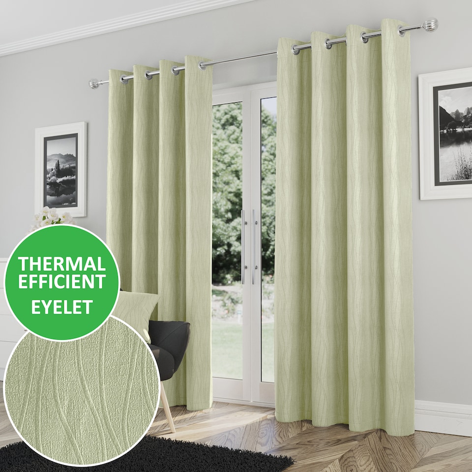 image 1 of Enhanced Living Goodwood Green Thermal, Energy Saving, Dimout Eyelet Curtains with Wave Pattern (PAIR) - 46 x 54 inch (117x137cm)