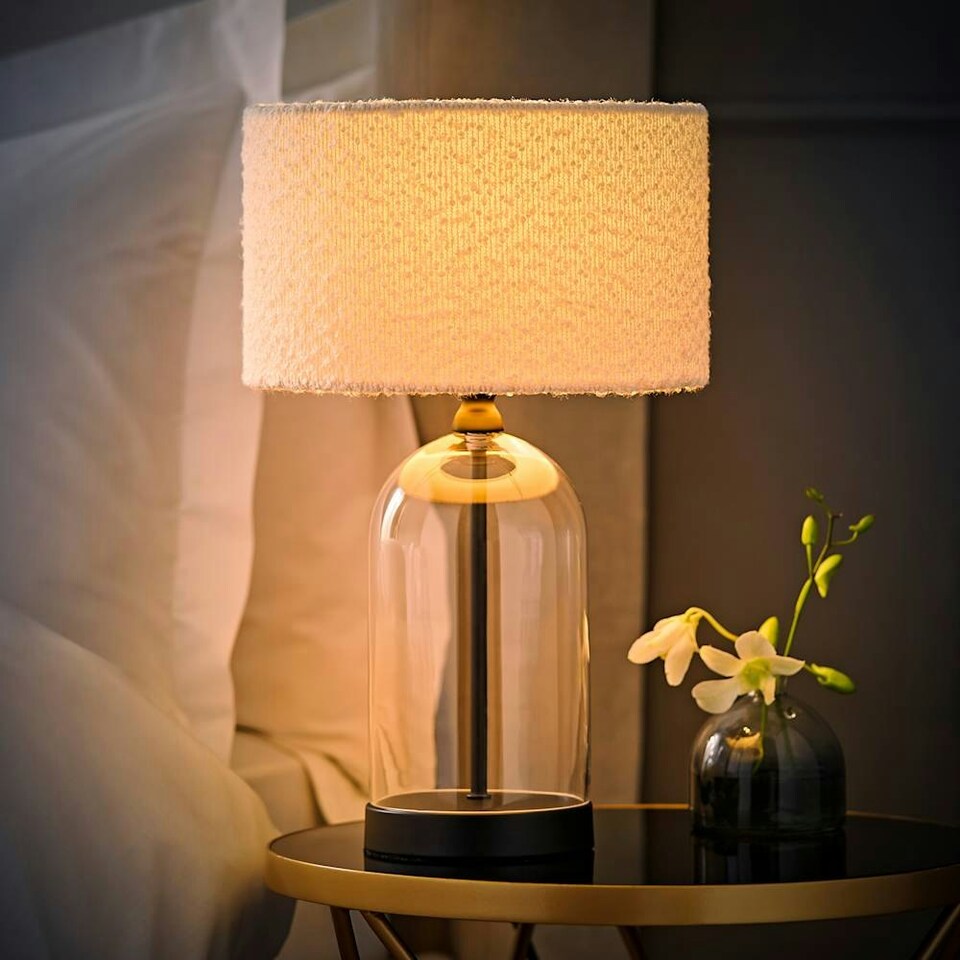 image 1 of ValueLights Jessy Glass and Black Metal Bedside Table Lamp with a Cream Boucle Lampshade